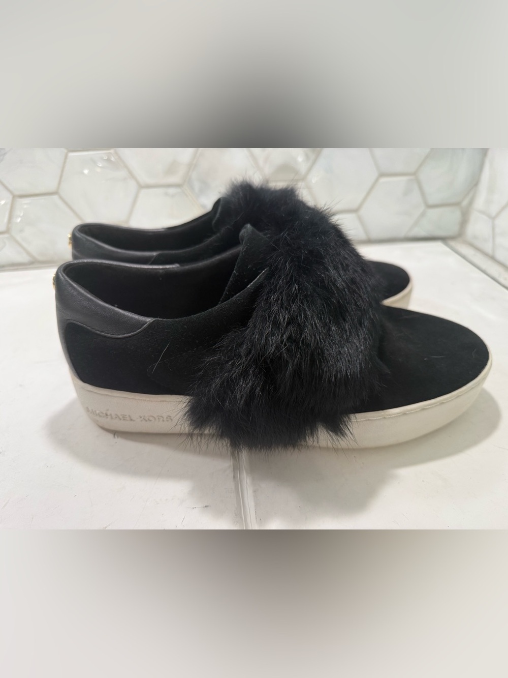 Michael Kors Maven Black Suede Slipon Sneakers Fur Cuff Sz 8.5 Chic Comfort
